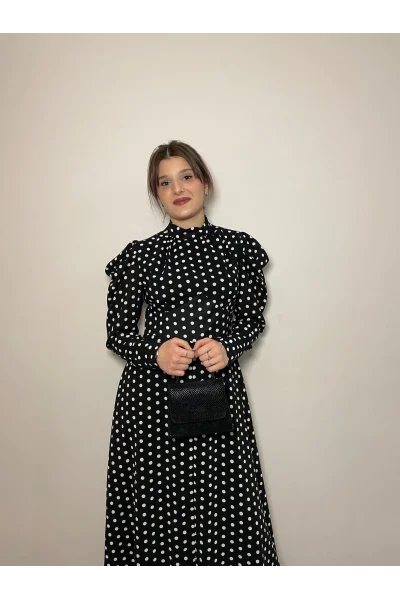 Kalın Şifon Puantiyeli Maxi Elbise