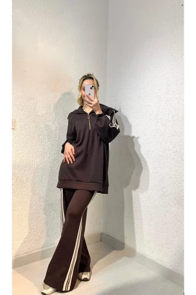 Yaka Detaylı Kahve Takım