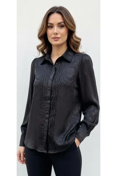 Saten Desenli Siyah Gömlek