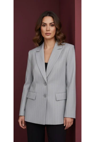 Premium Gri Çizgili Blazer
