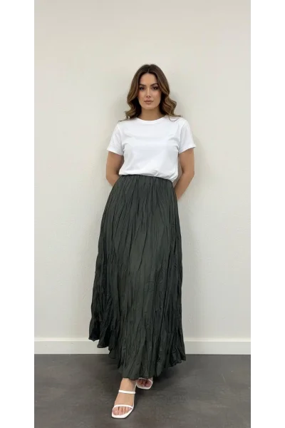 Haki Lize Kırışık Etek