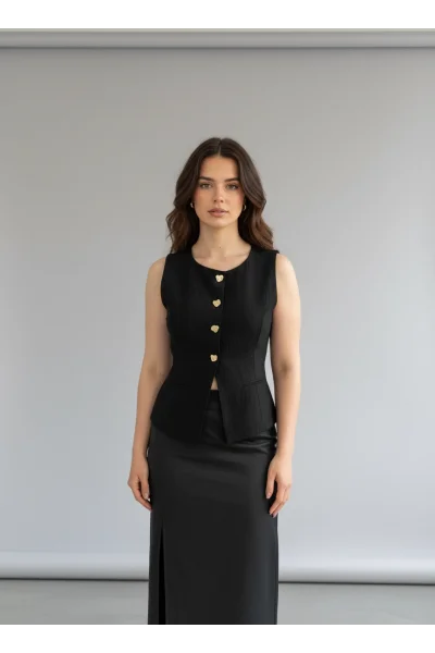 Siyah Düğme Detaylı Yelek
