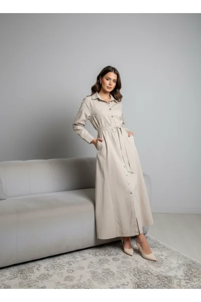 İnce Denim Krem Elbise