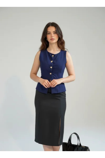 Lacivert Düğme Detaylı Yelek