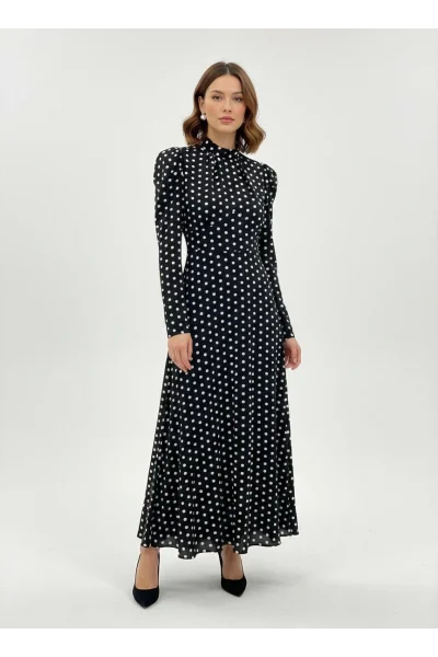 Puantiyeli Maxi Şifon Elbise