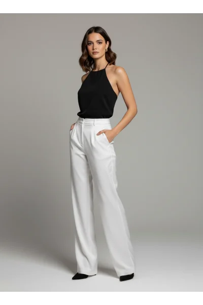 Beyaz Düğmeli Saten Pantolon