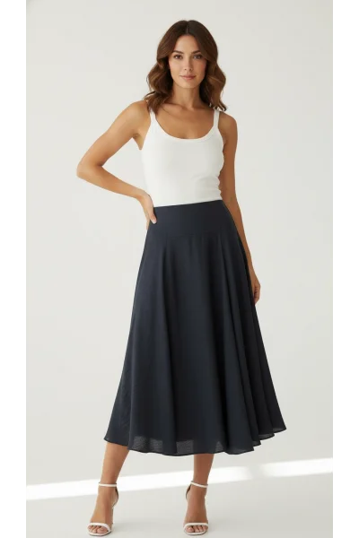Lacivert Midi Boy Parçalı Etek