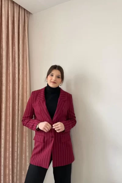 Çizgili Blazer Ceket-Bordo