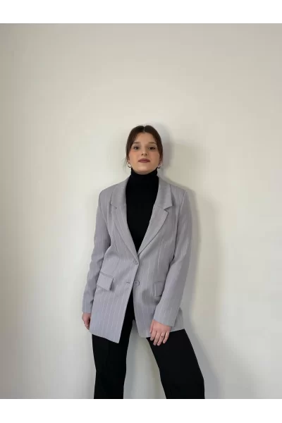 Çizgili Blazer Ceket-Gri