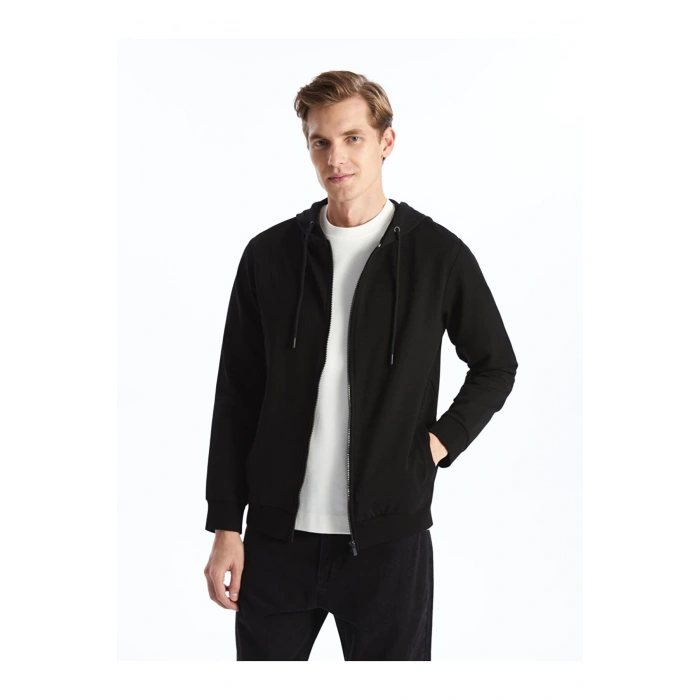 Basic Kapüşonlu Uzun Kollu Erkek Fermuarlı Sweatshirt