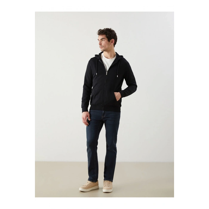 Basic Kapüşonlu Uzun Kollu Erkek Fermuarlı Sweatshirt