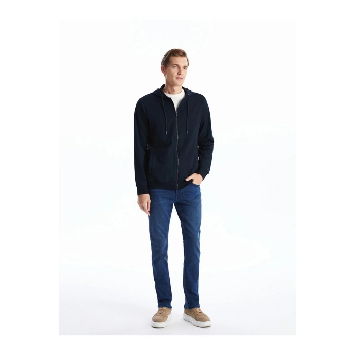 Basic Kapüşonlu Uzun Kollu Erkek Fermuarlı Sweatshirt