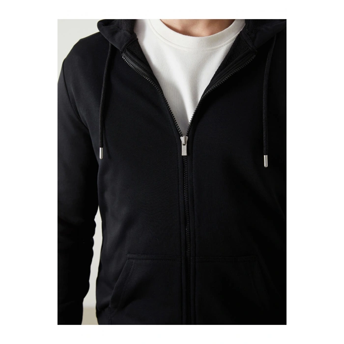 Basic Kapüşonlu Uzun Kollu Erkek Fermuarlı Sweatshirt