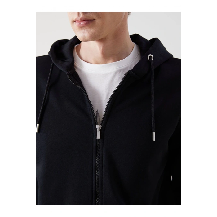 Basic Kapüşonlu Uzun Kollu Erkek Fermuarlı Sweatshirt