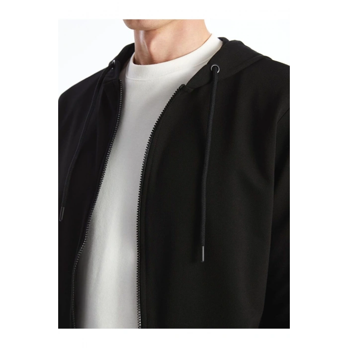 Basic Kapüşonlu Uzun Kollu Erkek Fermuarlı Sweatshirt