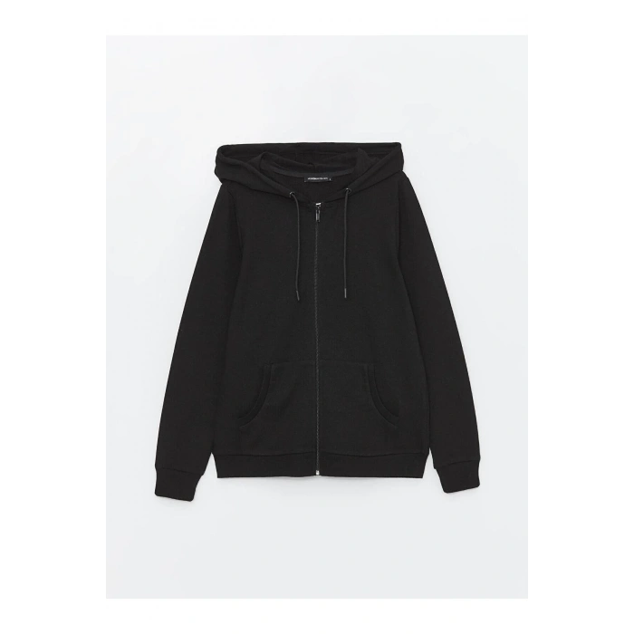 Classic Kapüşonlu Düz Uzun Kollu Kadın Fermuarlı Sweatshirt