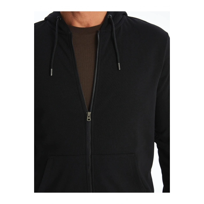 Classic Siyah Kapüşonlu Uzun Kollu Erkek Kalın Fermuarlı Sweatshirt