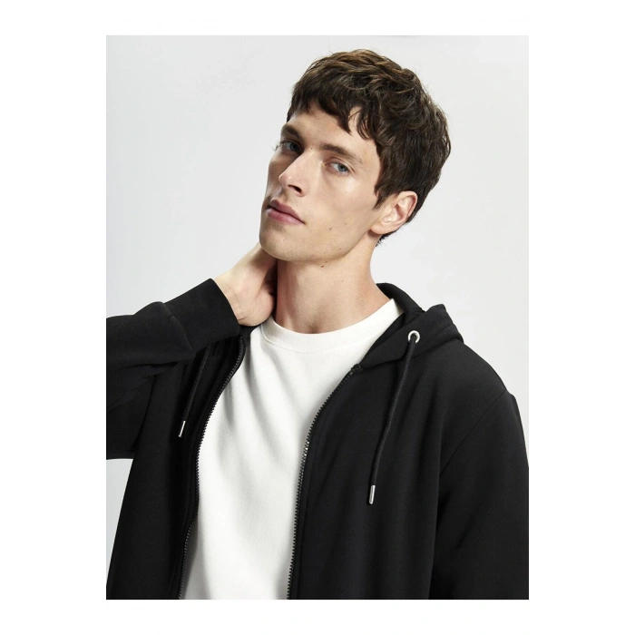 Classic Siyah Kapüşonlu Uzun Kollu Erkek Kalın Fermuarlı Sweatshirt