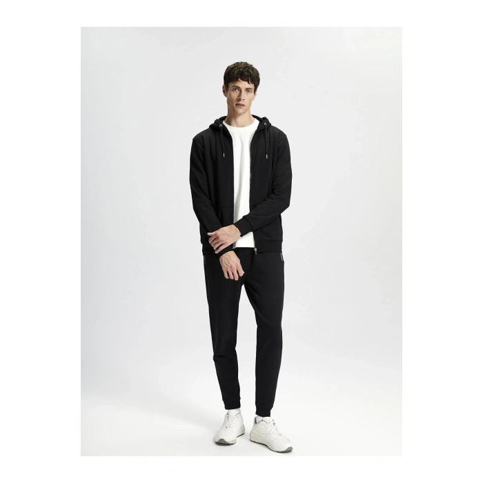 Classic Siyah Kapüşonlu Uzun Kollu Erkek Kalın Fermuarlı Sweatshirt