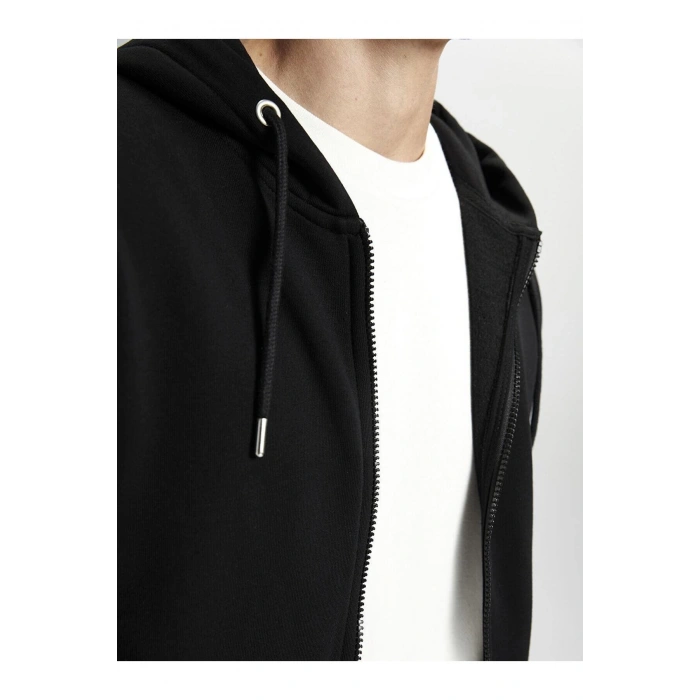 Classic Siyah Kapüşonlu Uzun Kollu Erkek Kalın Fermuarlı Sweatshirt