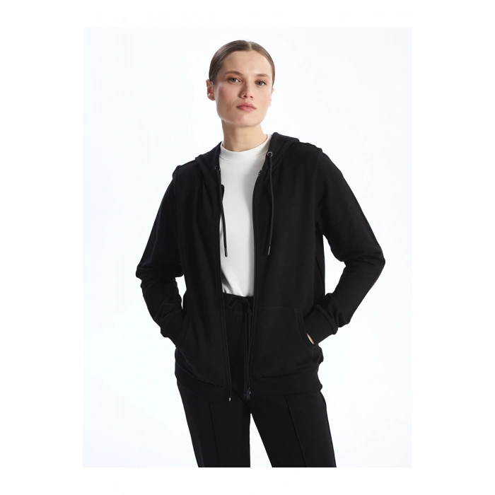 Kapüşonlu Düz Uzun Kollu Kadın Fermuarlı Sweatshirt