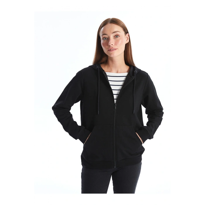 Kapusonlu Duz Uzun Kollu Kadin Fermuarli Sweatshirt - W49153Z8