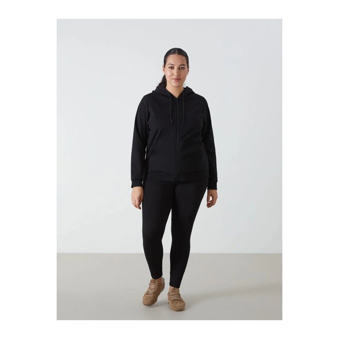 Kapusonlu Duz Uzun Kollu Kadin Fermuarli Sweatshirt - W49153Z8