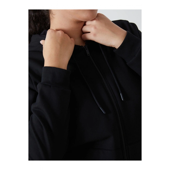 Kapusonlu Duz Uzun Kollu Kadin Fermuarli Sweatshirt - W49153Z8