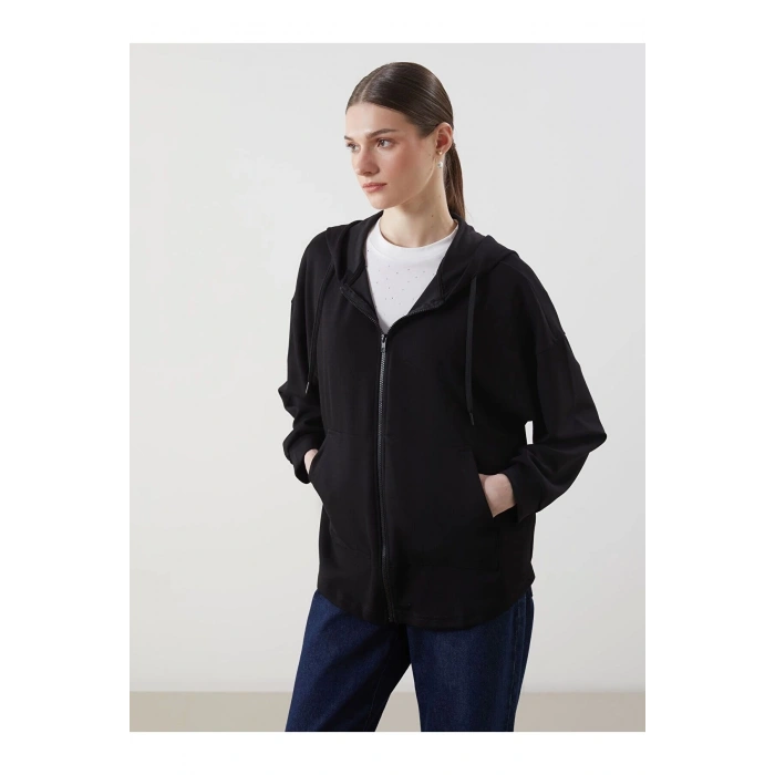 Kapüşonlu Oversize Kadın Fermuarlı Sweatshirt