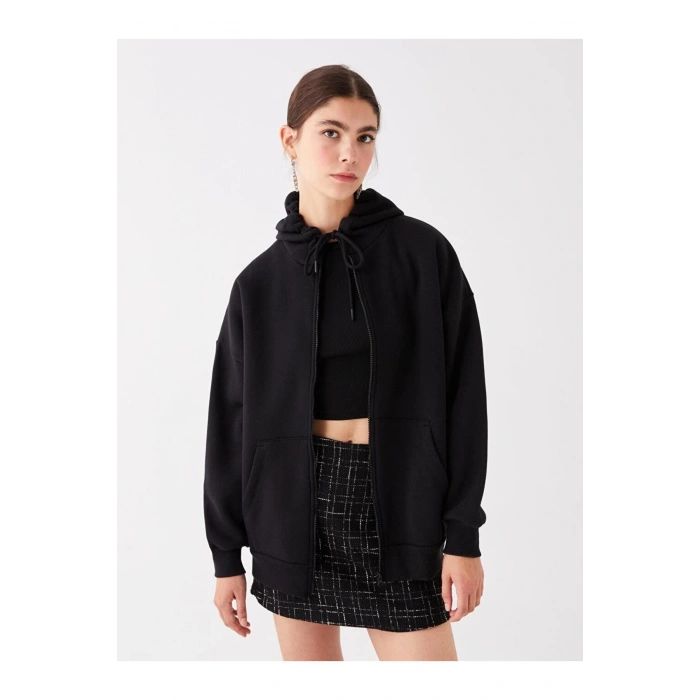 Kapüşonlu Oversize KadınFermuarlı Sweatshirt