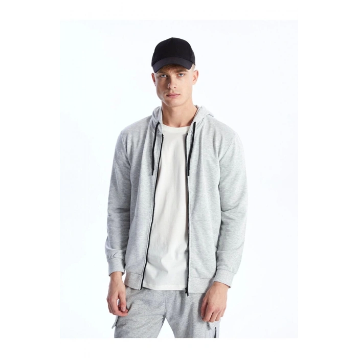 Kapüşonlu Uzun Kollu Erkek Fermuarlı Sweatshirt