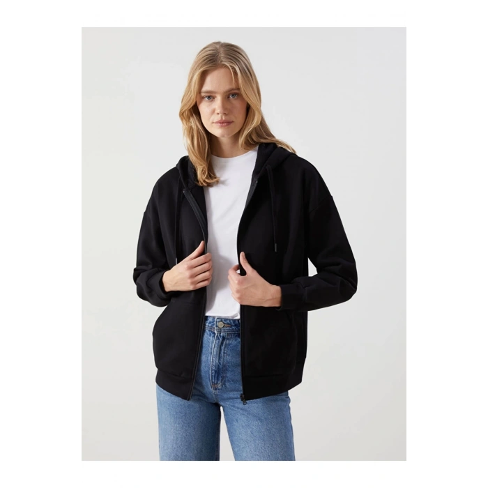 Modest Siyah Kapüşonlu Oversize Kadın Fermuarlı Sweatshirt