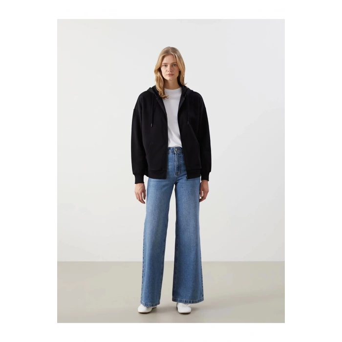 Modest Siyah Kapüşonlu Oversize Kadın Fermuarlı Sweatshirt