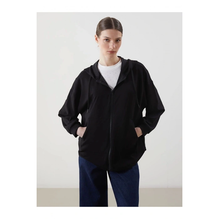 Modest Siyah Kapüşonlu Oversize Kadın Fermuarlı Sweatshirt