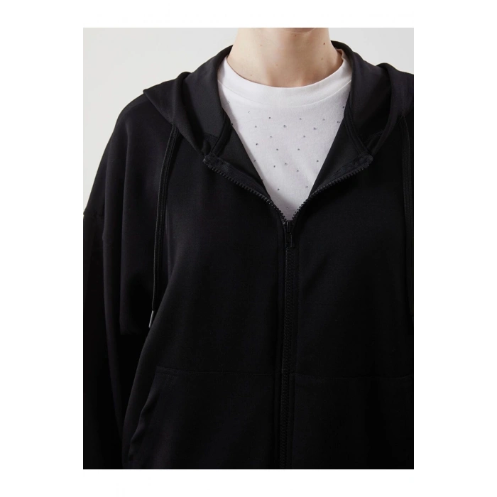Modest Siyah Kapüşonlu Oversize Kadın Fermuarlı Sweatshirt
