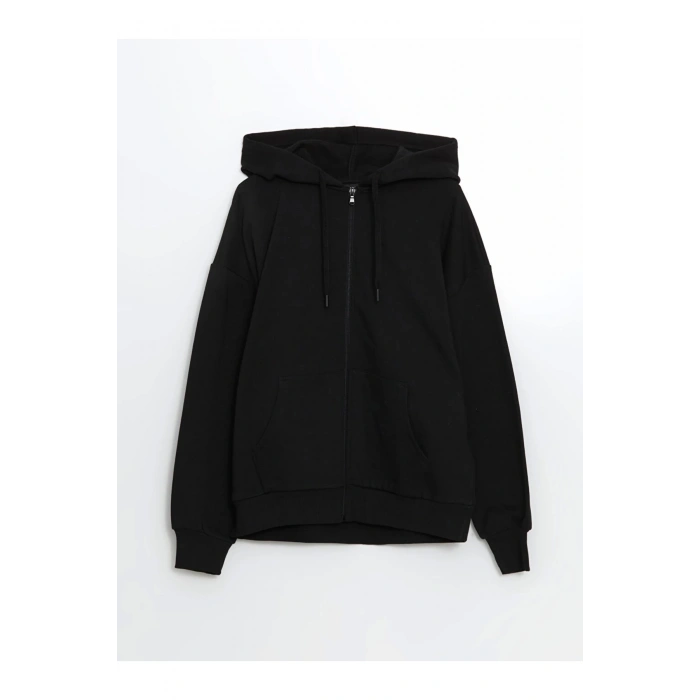 Modest Siyah Kapüşonlu Oversize Kadın Fermuarlı Sweatshirt