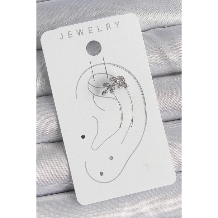 Pirinç Gümüş Renk Zirkon Taşlı Yaprak Model Kıkırdak Kadın Küpe