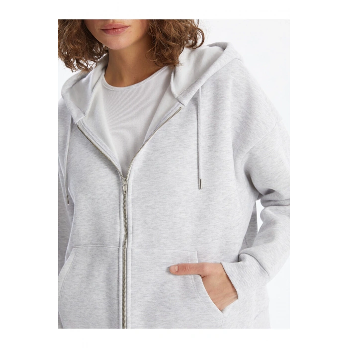 Vision Gri Kapüşonlu Oversize Kadın Kalın Fermuarlı Sweatshirt