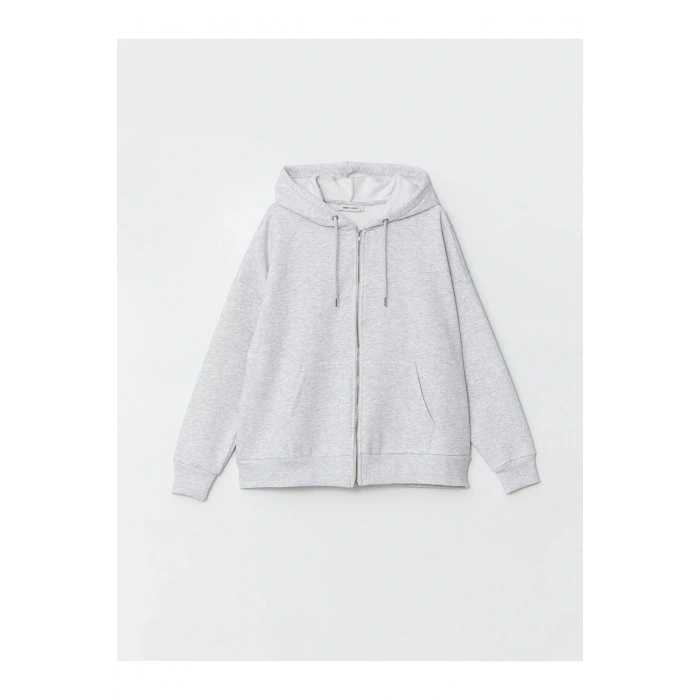 Vision Gri Kapüşonlu Oversize Kadın Kalın Fermuarlı Sweatshirt