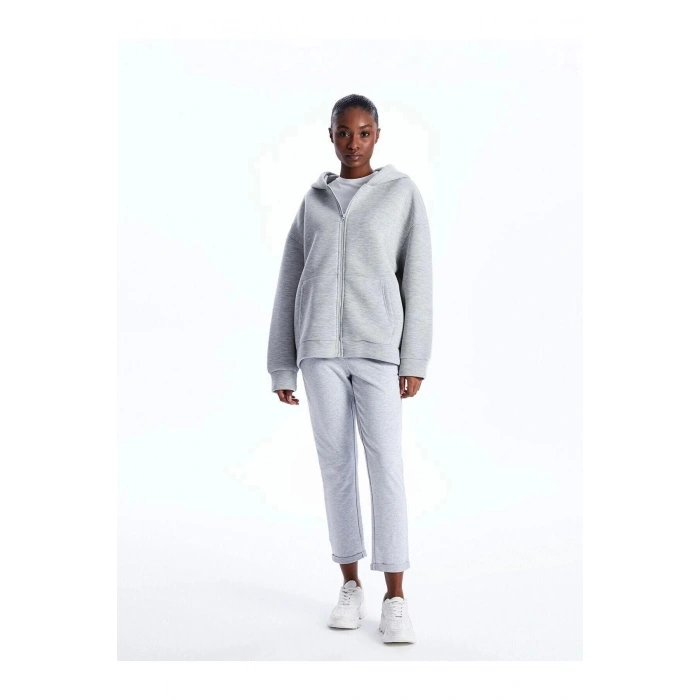 Vision Gri Melanj Kapüşonlu Oversize Kadın Fermuarlı Sweatshirt