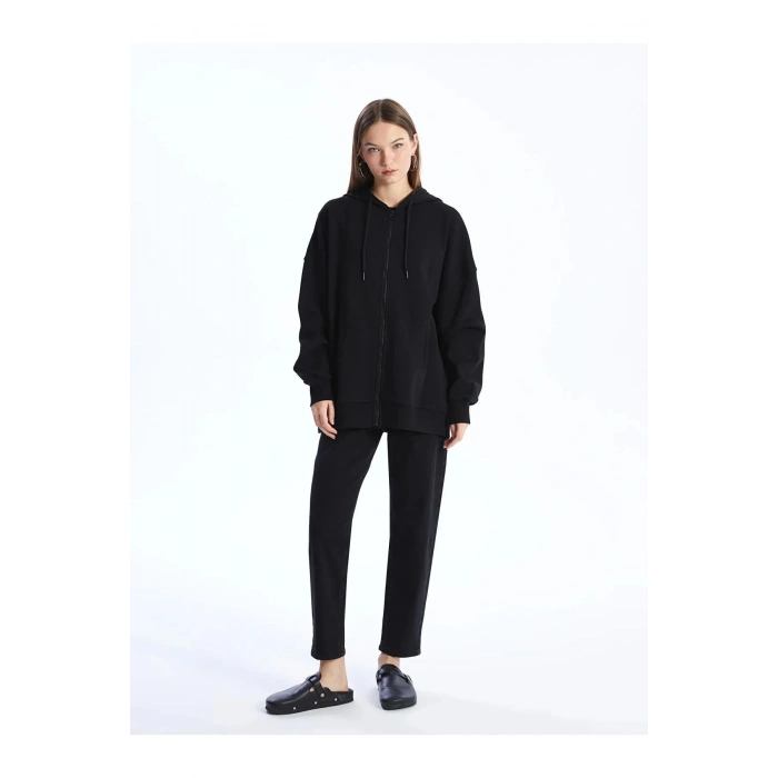 Vision Yeni Siyah Kapüşonlu Oversize Kadın Fermuarlı Sweatshirt