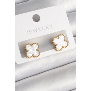 316L Çelik Gold Renk Beyaz Minelik Yonca Model Kadın Küpe