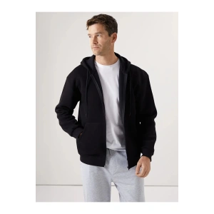 Classic Siyah Kapüşonlu Uzun Kollu Erkek Fermuarlı Sweatshirt