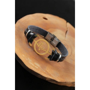 Gold Renk Metal Nabız Tasarım Siyah Renk Deri Erkek Bileklik