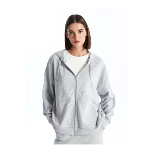 Gri Melanj Kapüşonlu Oversize Kadın Fermuarlı Sweatshirt