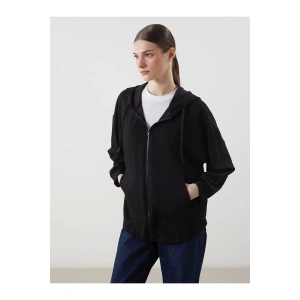 Modest Siyah Kapüşonlu Oversize Kadın Fermuarlı Sweatshirt