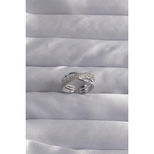 Pirinç Ayarlamalı Gümüş Renk Zirkon Taşlı Çapraz Görünüm Yüzük