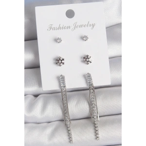 Pirinç Gold Renk Zirkon Taşlı Sallantılı Çiçek Detay 3 Çfit Kadın Küpe Seti