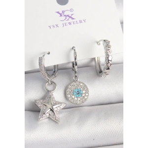 Pirinç Gold Renk Zirkon Taşlı Yıldız Model Nazar Boncuk Detay 3Lü Kadın Kombin Küpe