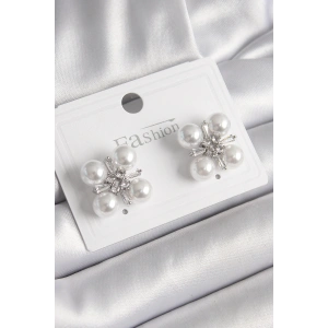 Pirinç Gümüş Renk Zirkon Taşlı İncili Kadın Küpe